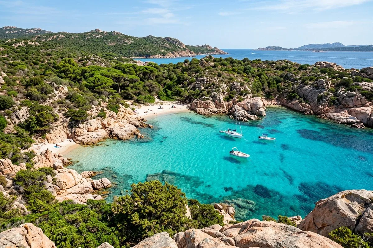 Cala Coticcio on Caprera — nicknamed “Tahiti” for its emerald water and pine-green granite, a common final swim.