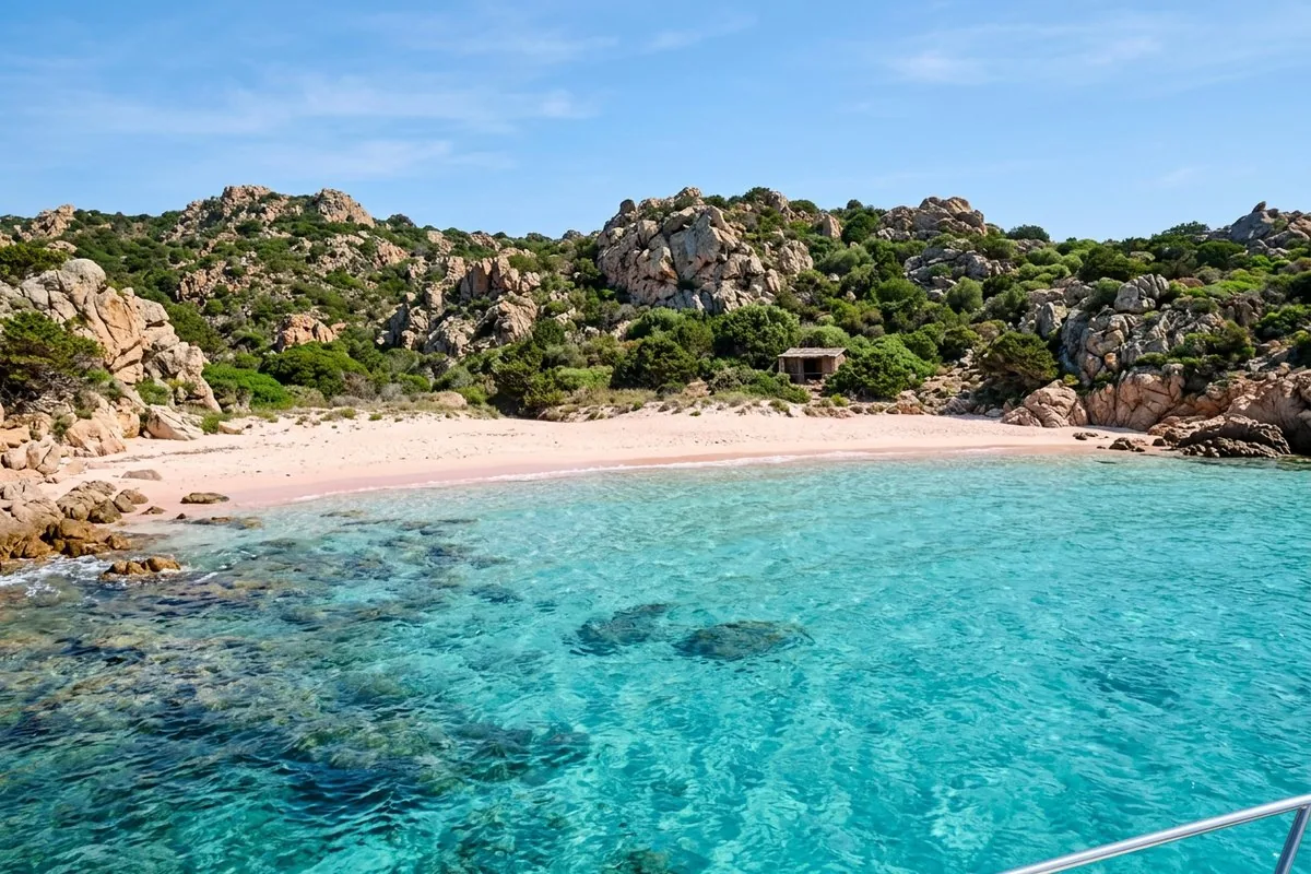 Spiaggia Rosa on Budelli, viewed from the water — the sand has a faint coral-pink blush and landing has been banned for decades.